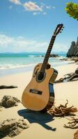 On the sandy shores, an upright acoustic guitar awaits a beachside performance. Vertical Mobile Wallpaper AI Generated photo