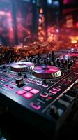 Pink DJ headphones, turntables, and a sound mixer ignite the nightclub. Vertical Mobile Wallpaper AI Generated photo