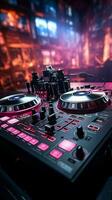 Pink DJ headphones, turntables, and a sound mixer ignite the nightclub. Vertical Mobile Wallpaper AI Generated photo