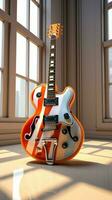 A 3D rendered digital drawing fuses guitar, interior, and geometric architecture elements. Vertical Mobile Wallpaper AI Generated photo