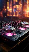 Pink DJ headphones, turntables, and a sound mixer ignite the nightclub. Vertical Mobile Wallpaper AI Generated photo
