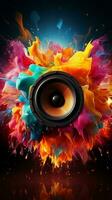 Sound notes surround a lively, colorful music speaker, creating a vibrant composition. Vertical Mobile Wallpaper AI Generated photo