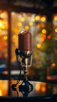 Sound recording concept A professional microphone stands amidst a softly blurred background. Vertical Mobile Wallpaper AI Generated photo