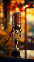 Sound recording concept A professional microphone stands amidst a softly blurred background. Vertical Mobile Wallpaper AI Generated photo