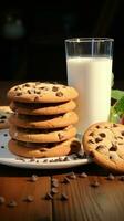 Start your day right relishing a delicious chocolate chip cookie with fresh milk Vertical Mobile Wallpaper AI Generated photo