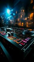 The DJ mixer table stands as the luminous heart of the nightclub. Vertical Mobile Wallpaper AI Generated photo