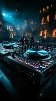 The DJ mixer table stands as the luminous heart of the nightclub. Vertical Mobile Wallpaper AI Generated photo
