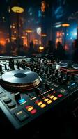 The DJ mixer table stands as the luminous heart of the nightclub. Vertical Mobile Wallpaper AI Generated photo