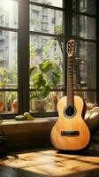 el urbano apartamento habitación central un clásico guitarra, fusionando tradicion con contemporáneo vivo vertical móvil fondo de pantalla ai generado foto