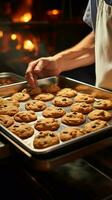 With precision, a seasoned chef carries a tray of oven fresh, steamy cookies Vertical Mobile Wallpaper AI Generated photo