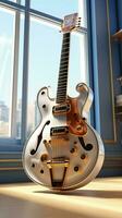 A 3D rendered digital drawing fuses guitar, interior, and geometric architecture elements. Vertical Mobile Wallpaper AI Generated photo