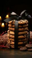 A front view of delectable cookies, artfully wrapped with a chic dark bow Vertical Mobile Wallpaper AI Generated photo