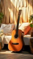 A guitar adorns the modern, inviting interior of the cozy living room. Vertical Mobile Wallpaper AI Generated photo