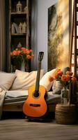 A guitar adorns the modern, inviting interior of the cozy living room. Vertical Mobile Wallpaper AI Generated photo