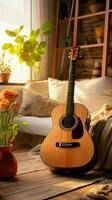 A guitar adorns the modern, inviting interior of the cozy living room. Vertical Mobile Wallpaper AI Generated photo