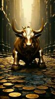 A stone road featuring a bull statue surrounded by scattered coins Vertical Mobile Wallpaper AI Generated photo
