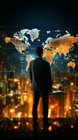 Analytical businessman interprets data finance report, tracks global growth on world map Vertical Mobile Wallpaper AI Generated photo