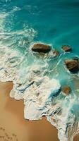 aéreo ver de un pintoresco playa, turquesa aguas, y junto a la playa tumbonas vertical móvil fondo de pantalla ai generado foto