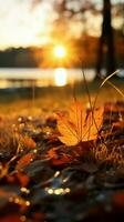 Autumn leaves adorn sun kissed grass, creating a beautifully toned morning scene Vertical Mobile Wallpaper AI Generated photo