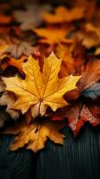 Autumns gift Maple leaves scattered on a wooden Vertical Mobile Wallpaper AI Generated photo