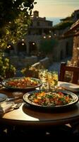 Al fresco dining at a Mediterranean restaurant, an inviting outdoor dinner setting Vertical Mobile Wallpaper AI Generated photo