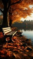 un atractivo parque banco anidado dentro el sereno belleza de un otoño paisaje vertical móvil fondo de pantalla ai generado foto