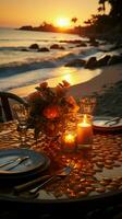 Beachfront romance Sunset dinner setting by the sea Vertical Mobile Wallpaper AI Generated photo