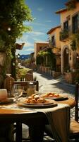 Al fresco dining at a Mediterranean restaurant, an inviting outdoor dinner setting Vertical Mobile Wallpaper AI Generated photo