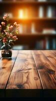 borroso antecedentes complementa un de madera mesa en un sereno, minimalista ajuste vertical móvil fondo de pantalla ai generado foto