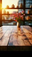 Blurred background complements a wooden table in a serene, minimalist setting Vertical Mobile Wallpaper AI Generated photo