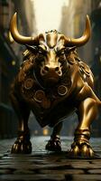 Bull statue stands proudly on a stone road adorned with scattered coins Vertical Mobile Wallpaper AI Generated photo