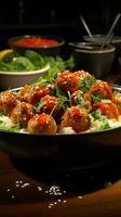 Bowl of succulent spicy meatballs in a rich and flavorful tomato sauce Vertical Mobile Wallpaper AI Generated photo