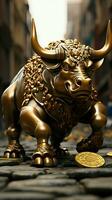 Bull statue stands proudly on a stone road adorned with scattered coins Vertical Mobile Wallpaper AI Generated photo