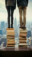 Businesswoman and businessmans feet atop stacked books against a city backdrop Vertical Mobile Wallpaper AI Generated photo