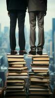 Businesswoman and businessmans feet atop stacked books against a city backdrop Vertical Mobile Wallpaper AI Generated photo