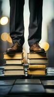 Close up of business professionals feet on books symbolizes education and success Vertical Mobile Wallpaper AI Generated photo