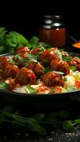 Deliciously tender meatballs bathed in a zesty tomato sauce, presented in a bowl Vertical Mobile Wallpaper AI Generated photo