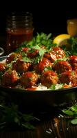 Deliciously tender meatballs bathed in a zesty tomato sauce, presented in a bowl Vertical Mobile Wallpaper AI Generated photo