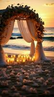 destino Boda preparar en un playa a atardecer, simbolizando amor y unión vertical móvil fondo de pantalla ai generado foto