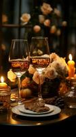 Exquisite table setup Wine glasses candles Vertical Mobile Wallpaper AI Generated photo