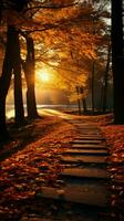 encantador otoño ver Dom besado bosque dorado vertical móvil fondo de pantalla ai generado foto