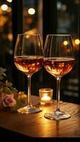 Glasses of wine poised for a romantic dining experience in a cozy restaurant Vertical Mobile Wallpaper AI Generated photo