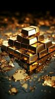 Golden currency, world finance, and 3D gold bars symbolize global investment Vertical Mobile Wallpaper AI Generated photo