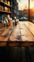 In a peaceful ambiance, a wooden table stands with a soft blur Vertical Mobile Wallpaper AI Generated photo