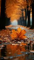 un alfombra de otoño hojas mantas el camino en calentar matices vertical móvil fondo de pantalla ai generado foto