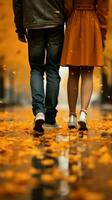 In love and style, a couples feet grace autumn leaves, a fashion forward embrace Vertical Mobile Wallpaper AI Generated photo