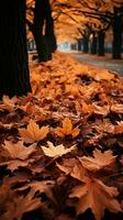 un alfombra de otoño hojas mantas el camino en calentar matices vertical móvil fondo de pantalla ai generado foto