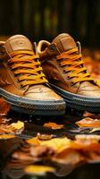 Lifestyle shot Stylish sneakers tread on fallen leave Vertical Mobile Wallpaper AI Generated photo