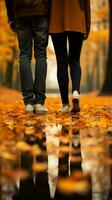 estilo de vida Moda parejas amoroso pies en medio de otoño salir vertical móvil fondo de pantalla ai generado foto