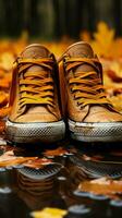 Lifestyle shot Stylish sneakers tread on fallen leave Vertical Mobile Wallpaper AI Generated photo